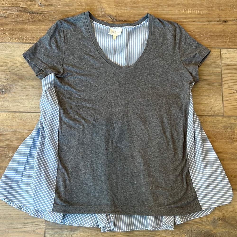 Anthropologie Deletta Grey/Blue S/L Flounce T-shirt